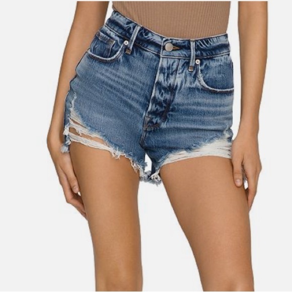 NWT $119 Good American Bombshell Flat Tummy Raw Distressed Denim Shorts women’s - Picture 7 of 9